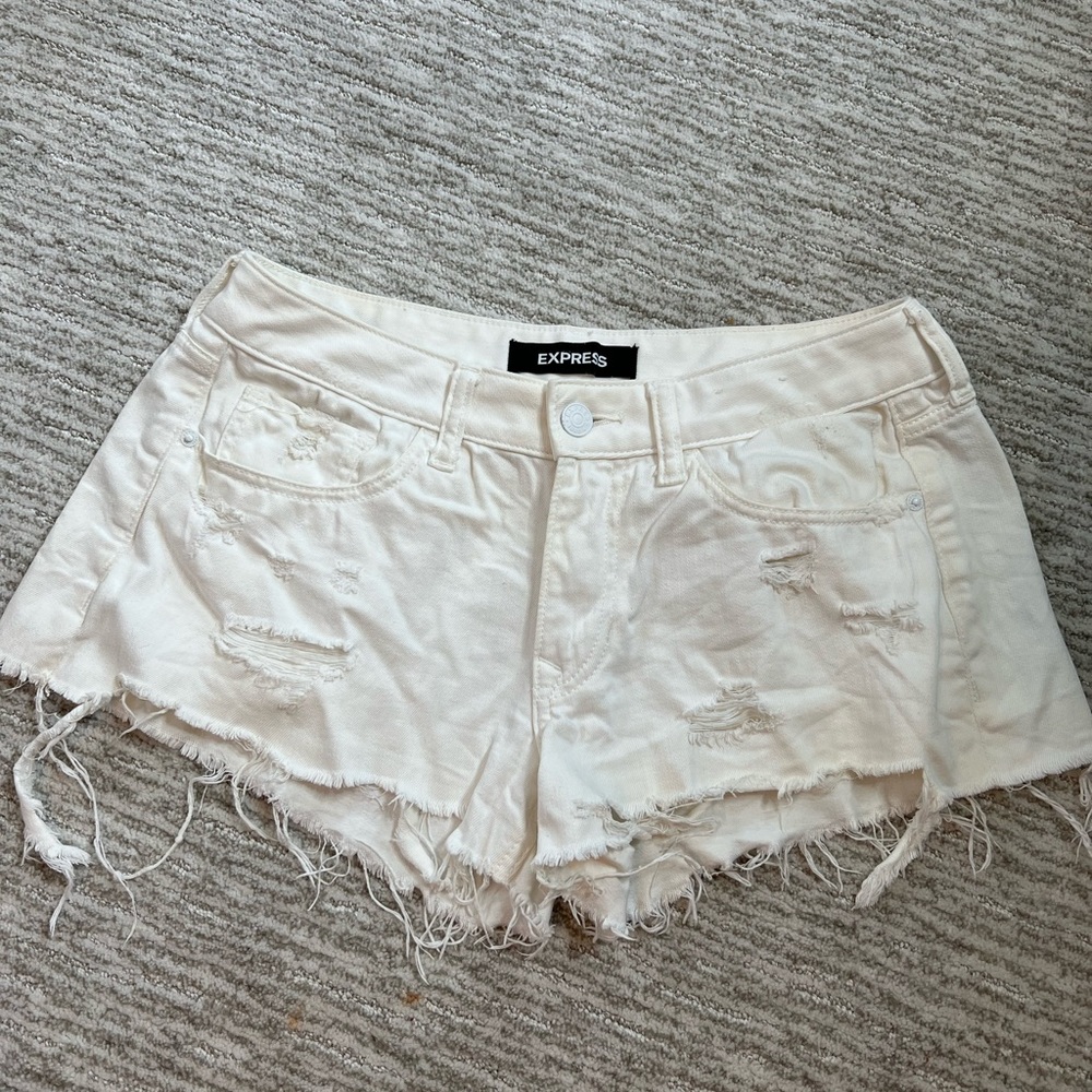 Express Low Rise White Distressed Denim Shortie